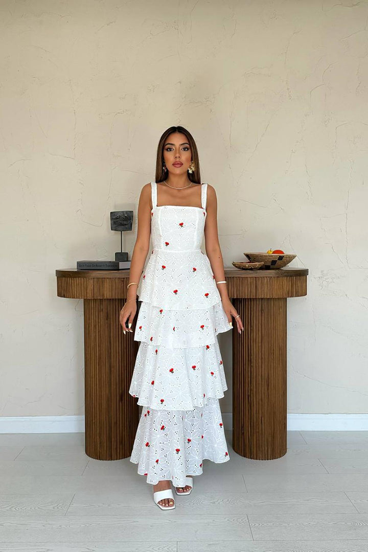 ELS Toptan Kırmızı Kat Kat Arkası Bağlamalı Elbise - Suhl