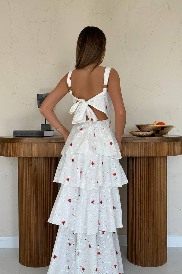 ELS Toptan Kırmızı Kat Kat Arkası Bağlamalı Elbise - Suhl