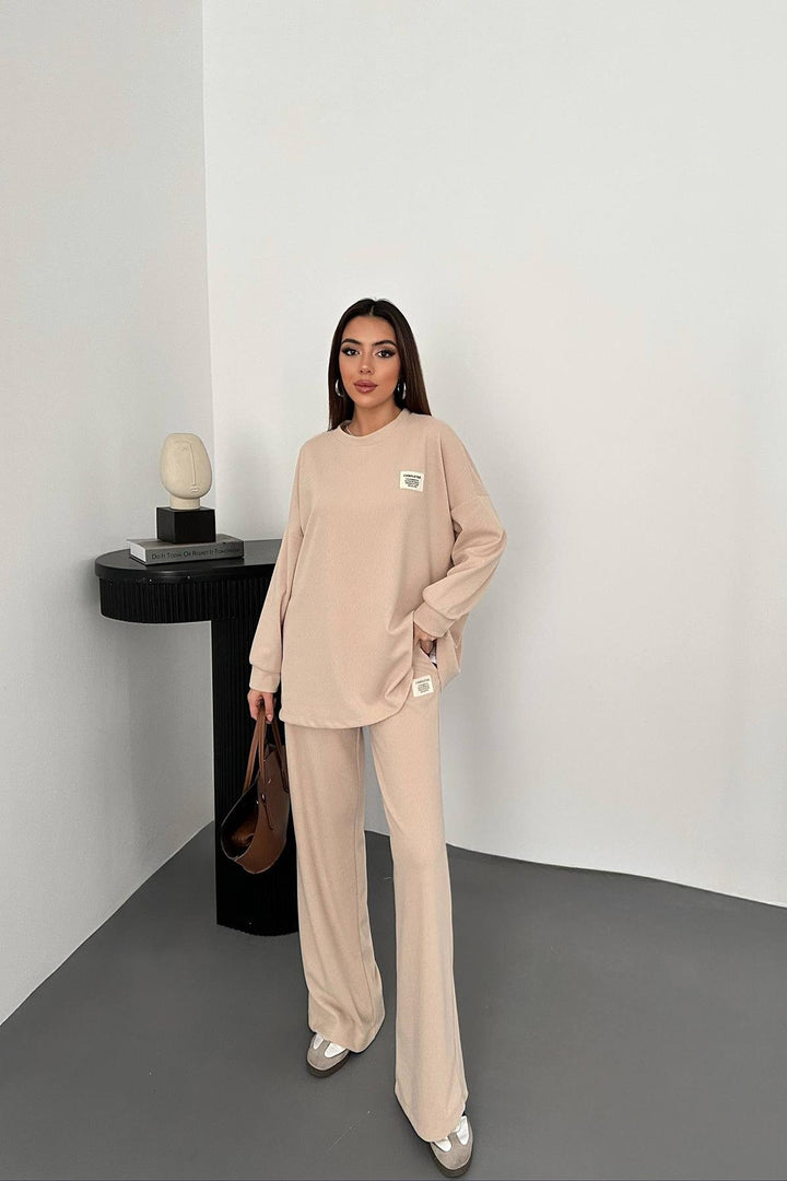 ELS Toptan Krem Klasik Fitilli Kazak Ve Pantolon Takım - Huntington