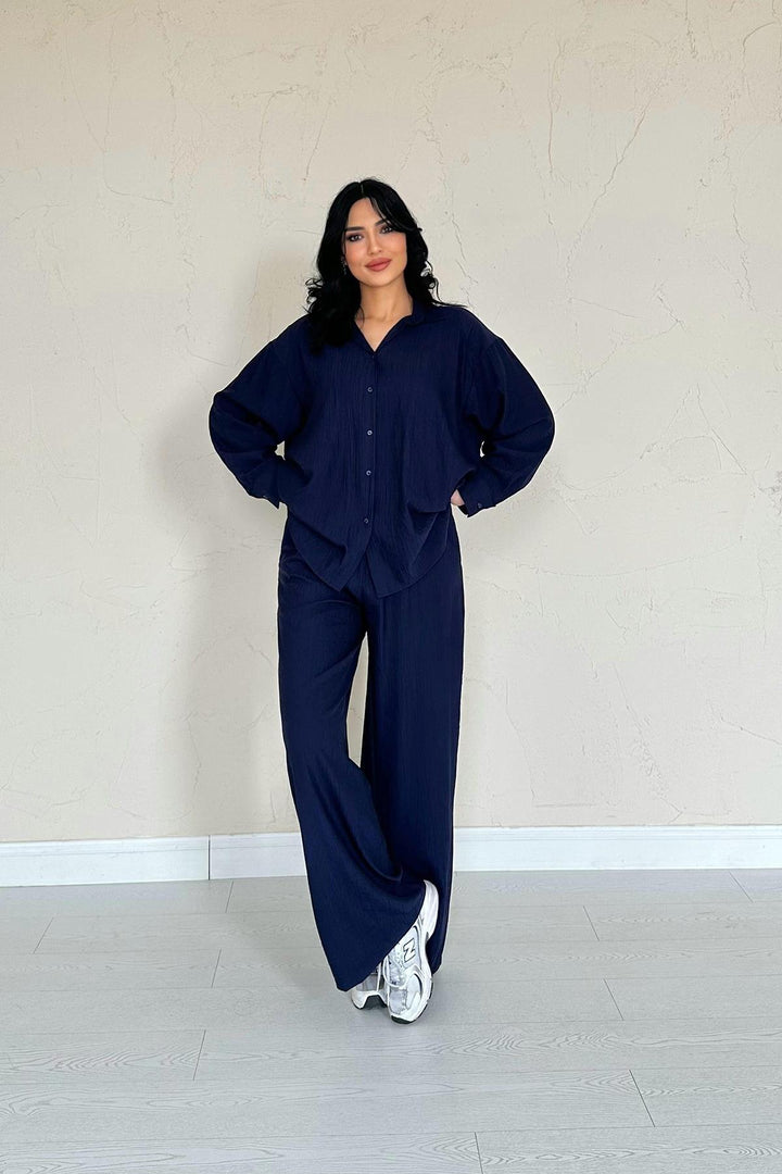 ELS Wholesale Navy Alice Shirt and Wide Leg Pants Suit - Chaves
