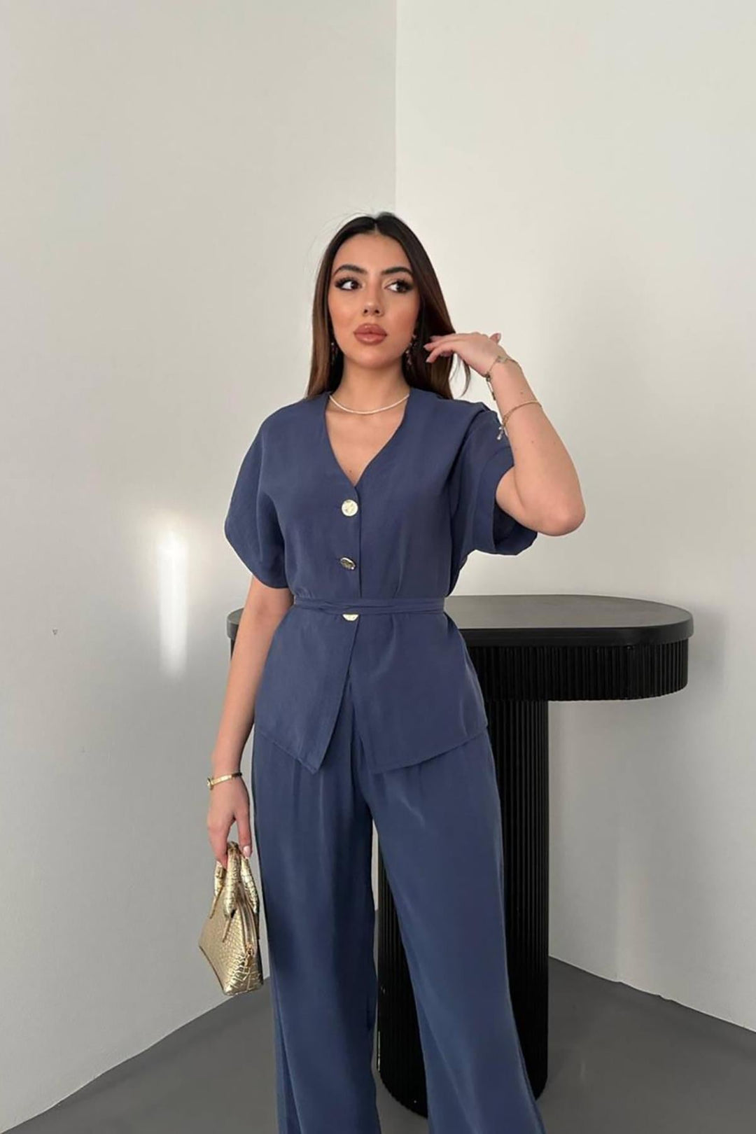 ELS Wholesale Navy Blue Button Detailed Two-Piece Modal Suit - Badalona
