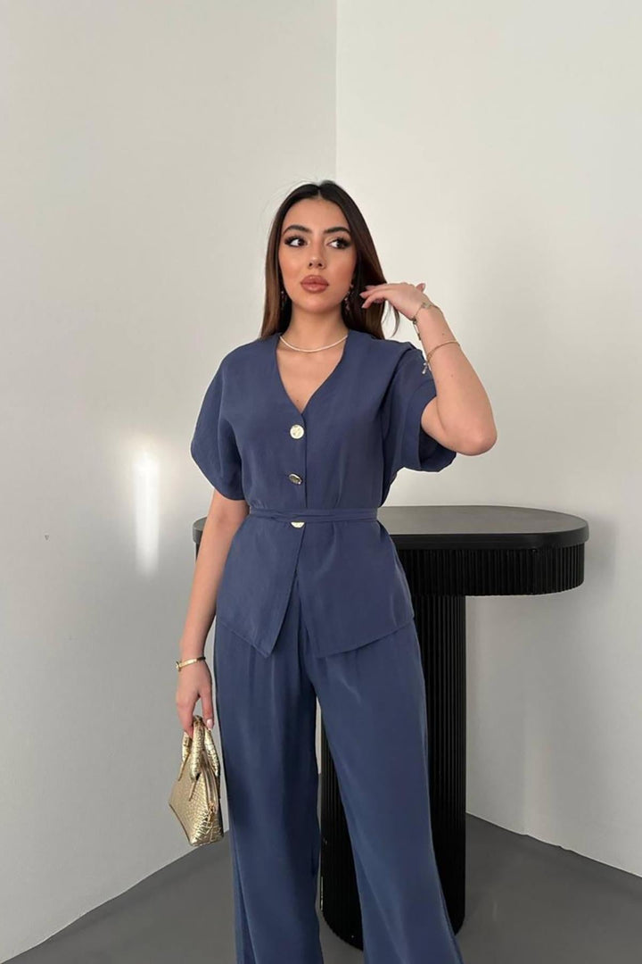 ELS Wholesale Navy Blue Button Detailed Two-Piece Modal Suit - Badalona