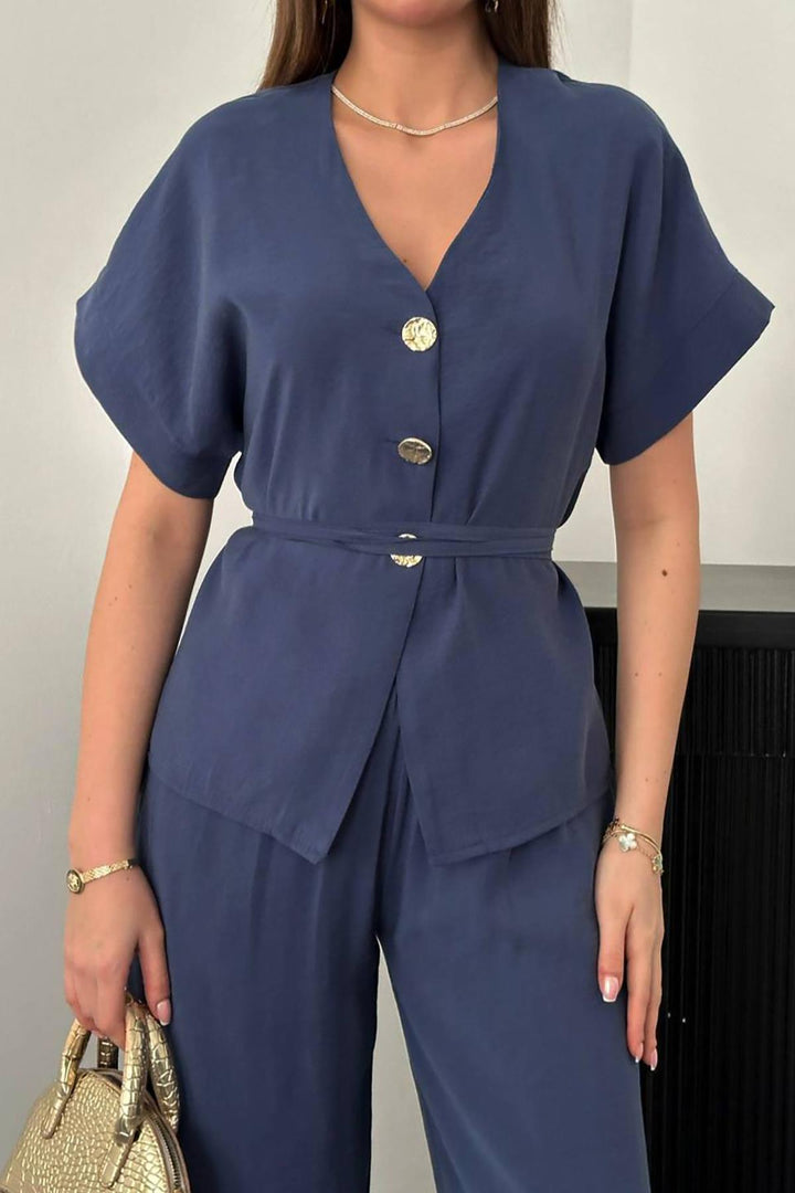 ELS Wholesale Navy Blue Button Detailed Two-Piece Modal Suit - Badalona