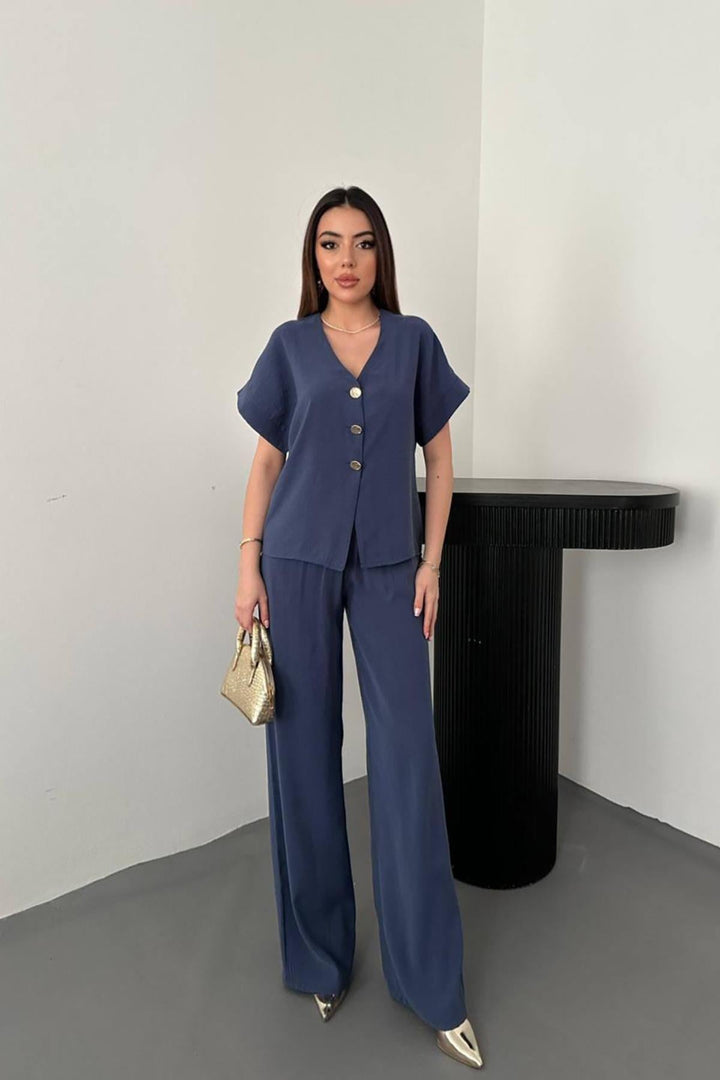 ELS Wholesale Navy Blue Button Detailed Two-Piece Modal Suit - Badalona