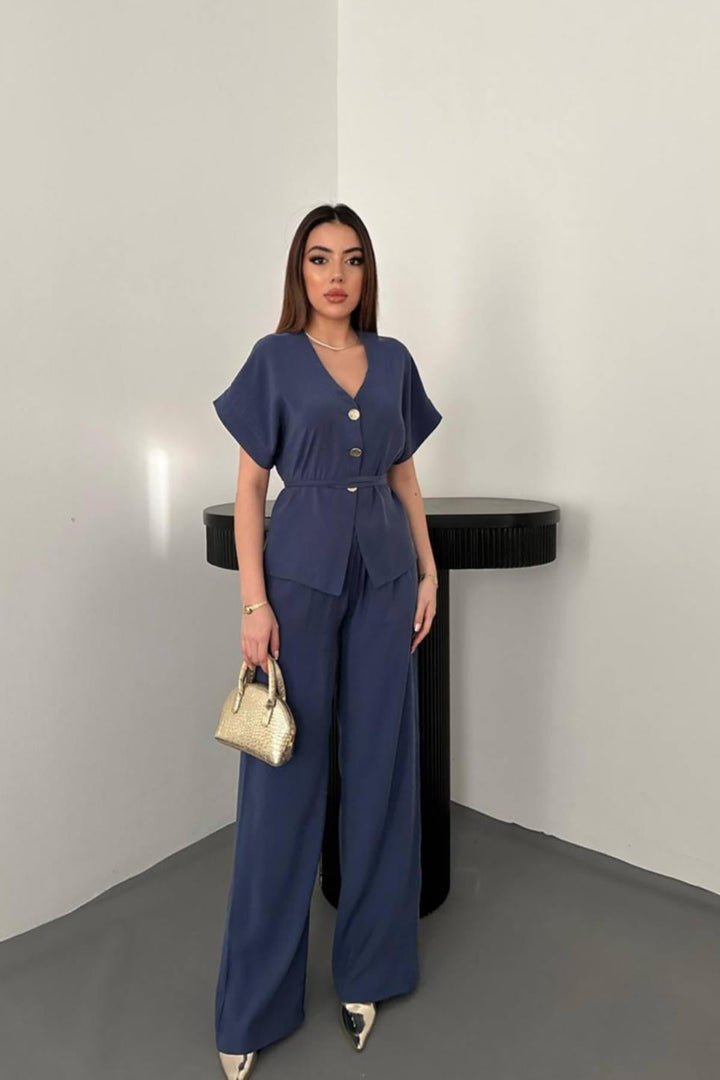 ELS Wholesale Navy Blue Button Detailed Two-Piece Modal Suit - Badalona