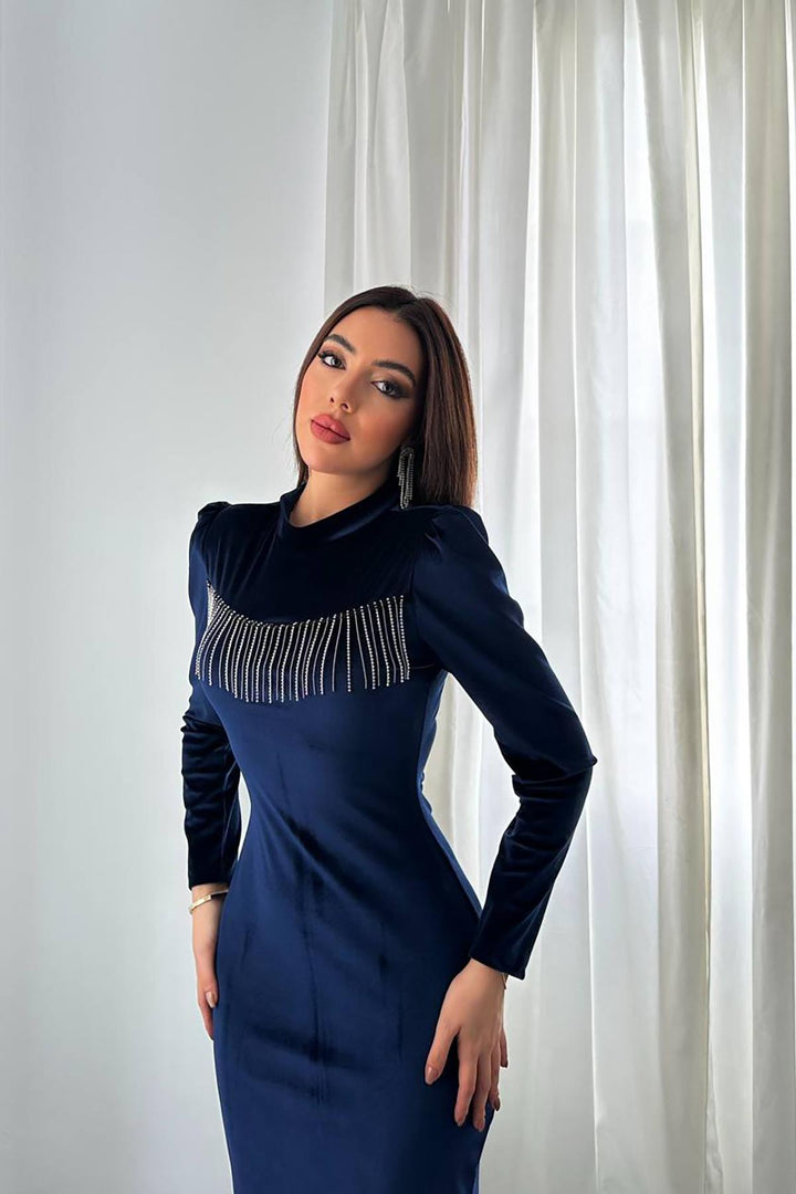 ELS Toptan Lacivert Kadife Işıltılı Elbise - Delaware