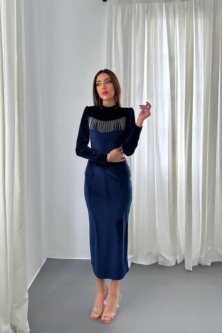 ELS Toptan Lacivert Kadife Işıltılı Elbise - Delaware