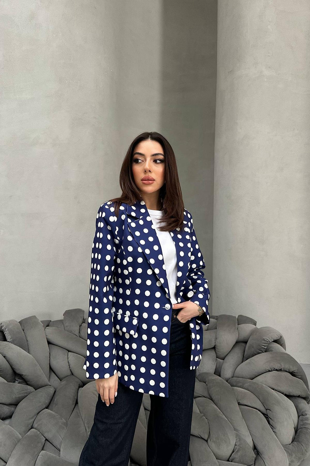 ELS Toptan Lacivert Puantiyeli Blazer Ceket - Dragash
