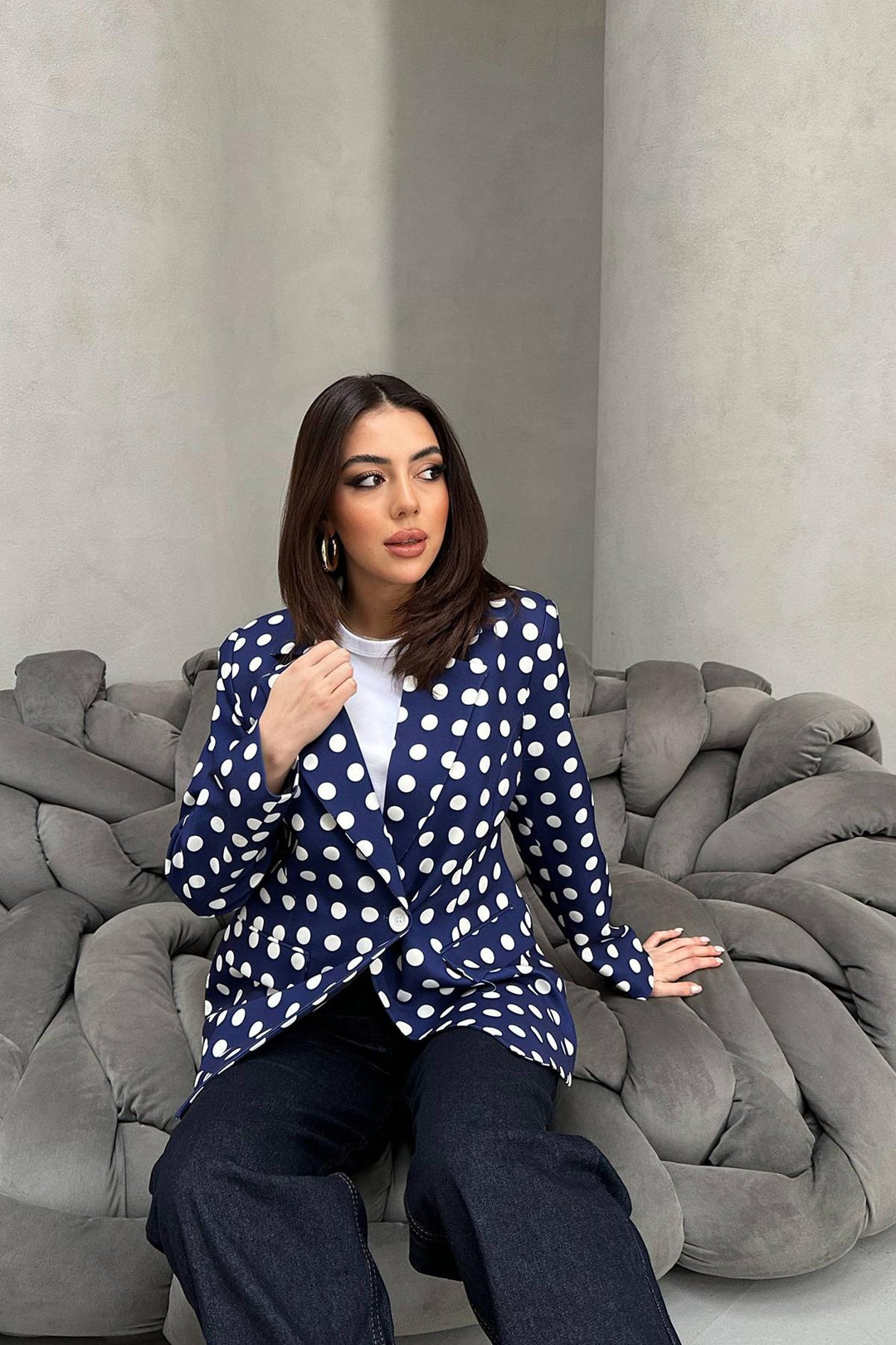 ELS Toptan Lacivert Puantiyeli Blazer Ceket - Dragash