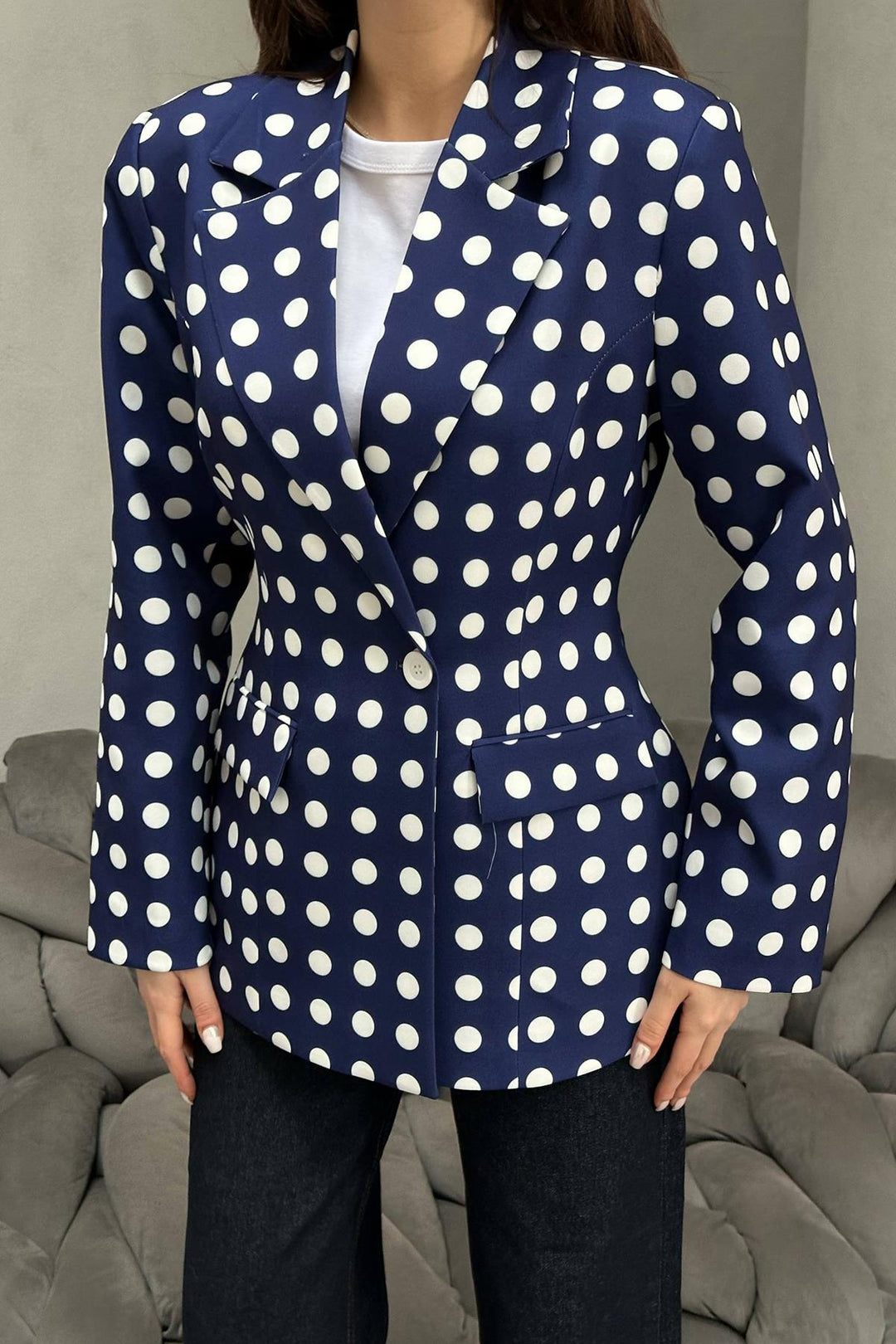 ELS Toptan Lacivert Puantiyeli Blazer Ceket - Dragash