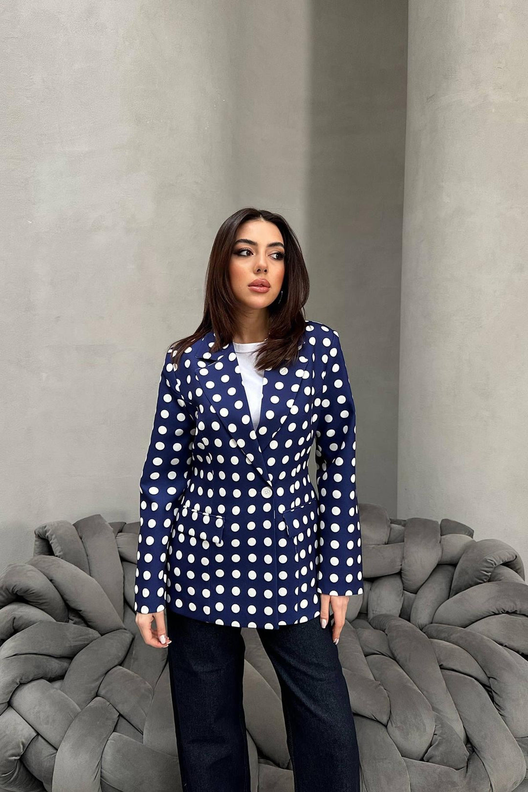 ELS Toptan Lacivert Puantiyeli Blazer Ceket - Dragash