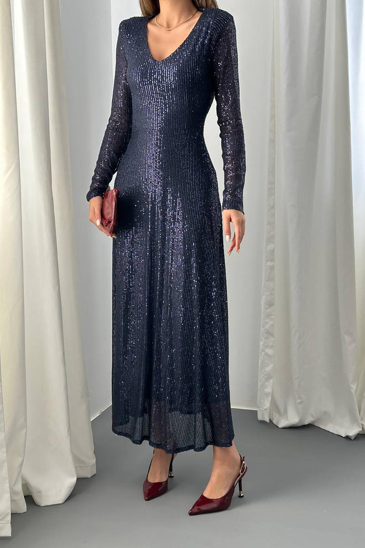 ELS Toptan Lacivert Sırt Dekolteli Pulpayet Elbise - Wellington