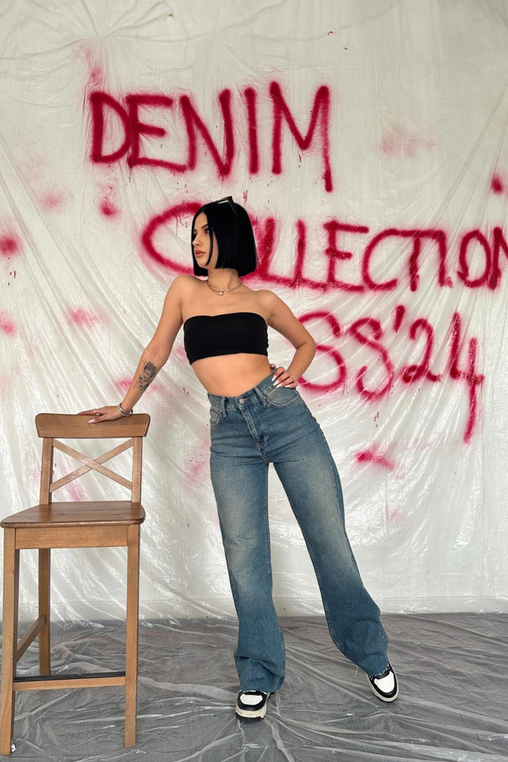 ELS Toptan Lacivert Yüksek Bel Ve Geniş Paça Jeans Pantolon - Richmond
