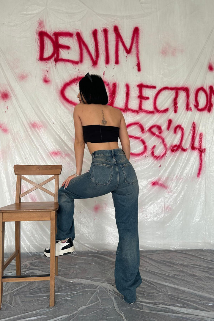 ELS Toptan Lacivert Yüksek Bel Ve Geniş Paça Jeans Pantolon - Richmond