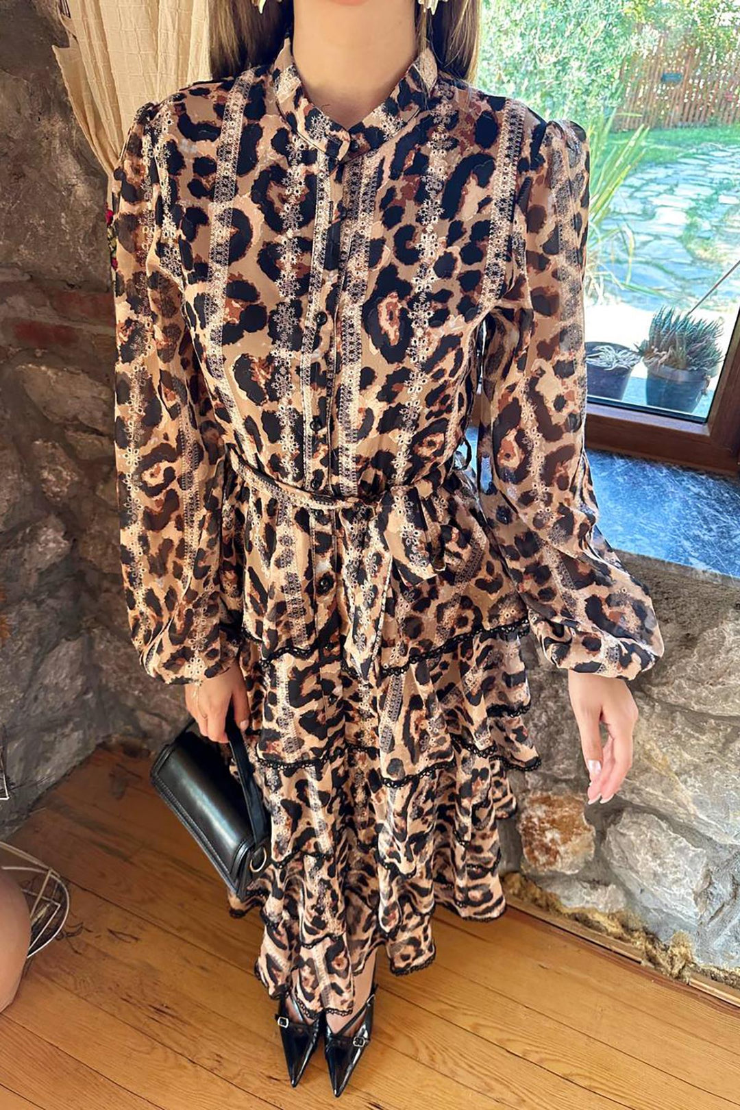 ELS Toptan Leopar Volanlı Şeritli Uzun Elbise - Las Delicias