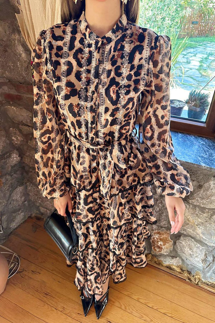 ELS Toptan Leopar Volanlı Şeritli Uzun Elbise - Las Delicias