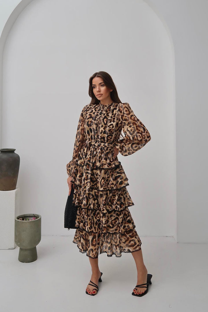 ELS Wholesale Leopard Ruffle Striped Long Dress - Birmingham