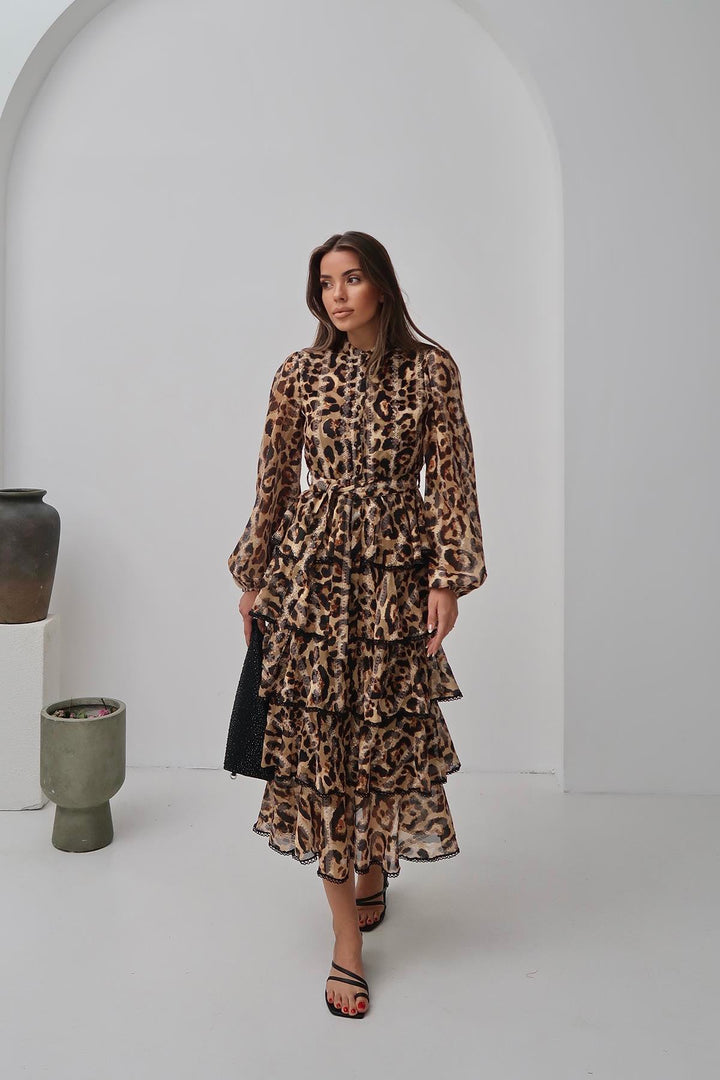 ELS Wholesale Leopard Ruffle Striped Long Dress - Birmingham