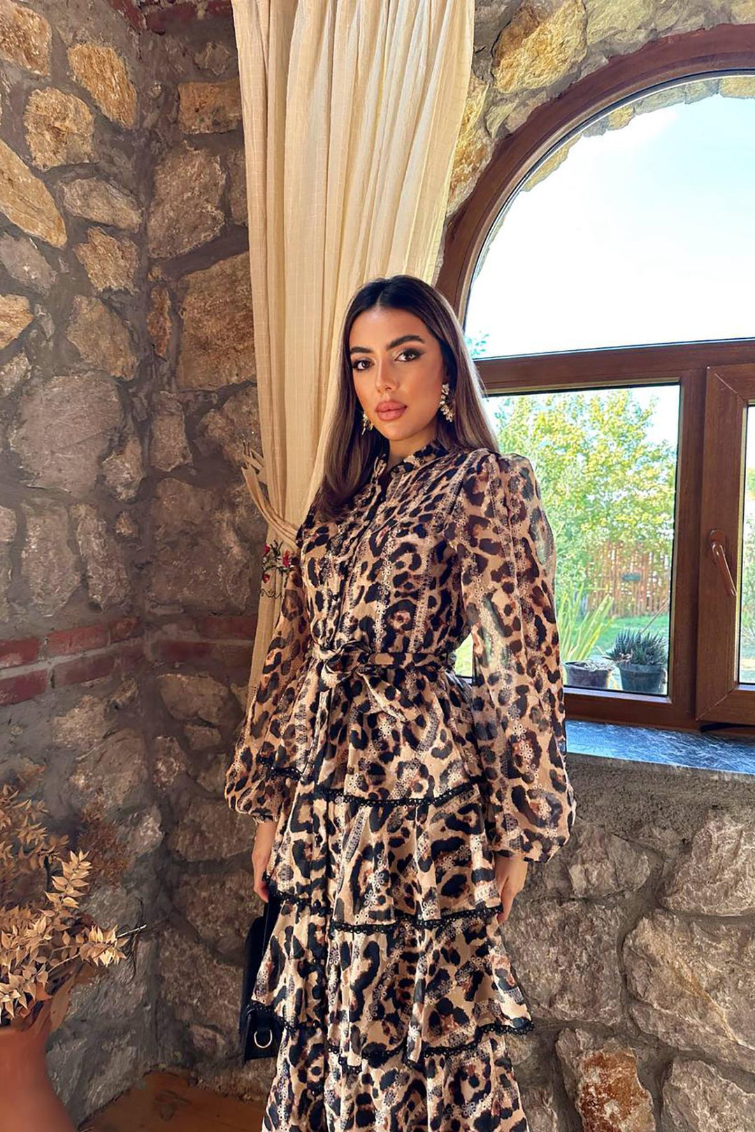 ELS Toptan Leopar Volanlı Şeritli Uzun Elbise - Las Delicias