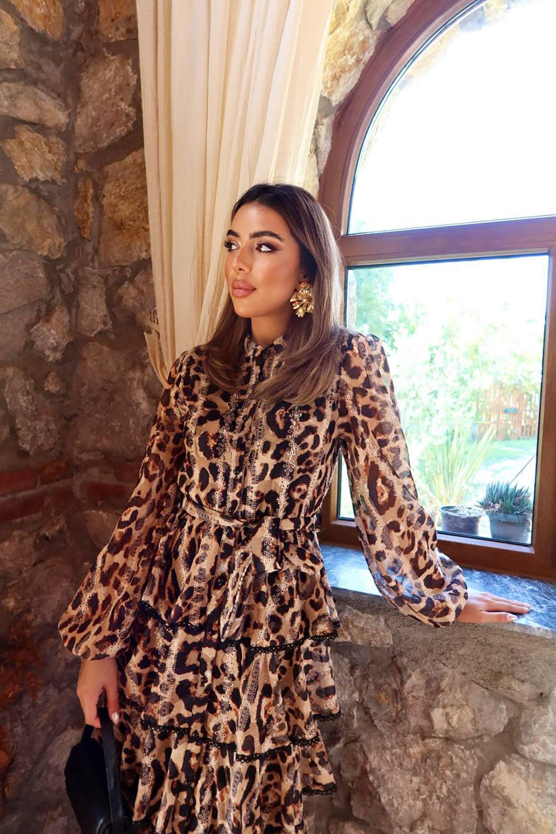 ELS Toptan Leopar Volanlı Şeritli Uzun Elbise - Las Delicias