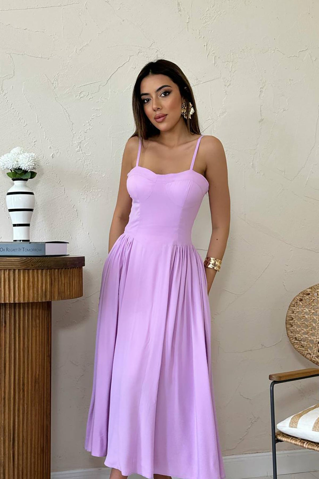 ELS Wholesale Lilac Dress with Bust Cup and Long Ruffle - Forlì