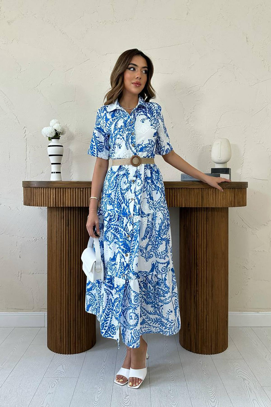 ELS Toptan Mavi Brodeli Kolları Bağcıklı Elbise - Midland