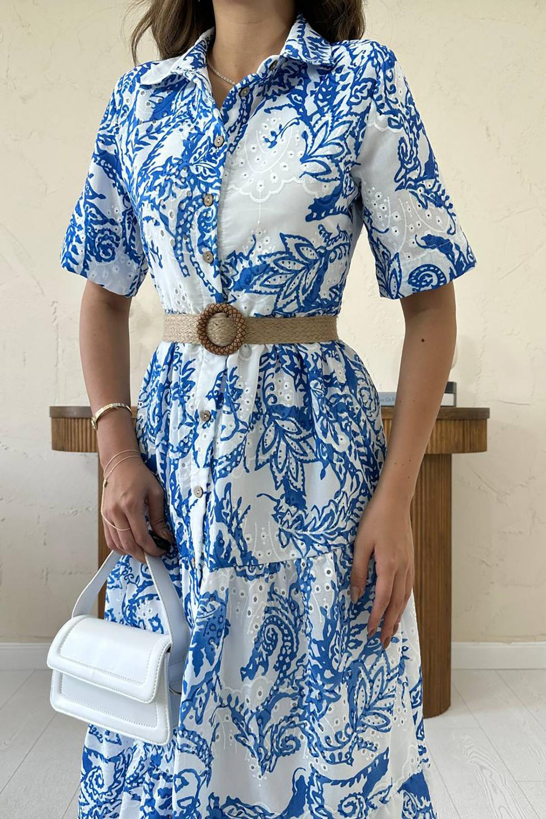 ELS Toptan Mavi Brodeli Kolları Bağcıklı Elbise - Midland