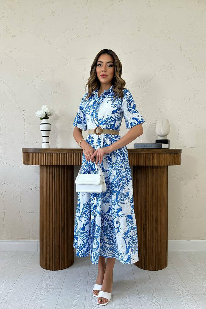 ELS Toptan Mavi Brodeli Kolları Bağcıklı Elbise - Midland