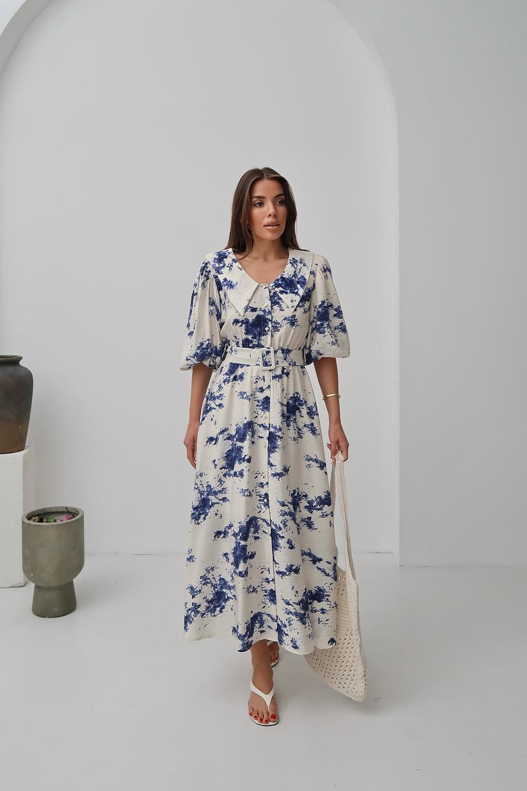 ELS Wholesale Blue Patterned Belted Dress - Mechelen