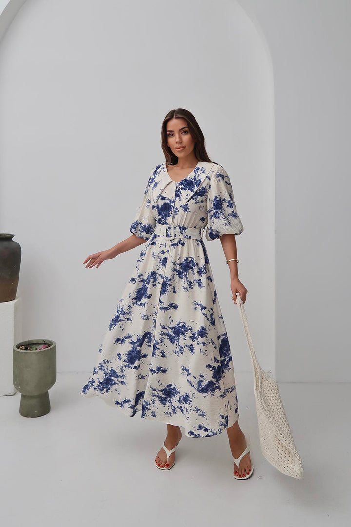 ELS Wholesale Blue Patterned Belted Dress - Mechelen