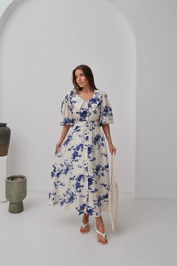 ELS Toptan Mavi Desenli Kemerli Elbise - Ciudad General Escobedo