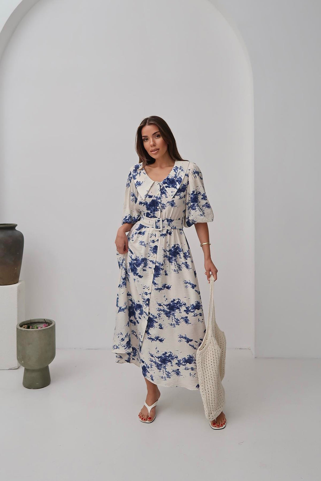 ELS Toptan Mavi Desenli Kemerli Elbise - Ciudad General Escobedo