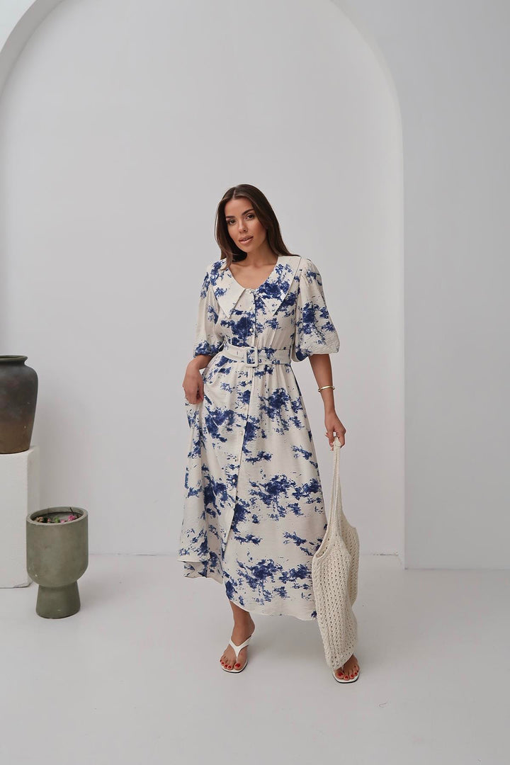 ELS Toptan Mavi Desenli Kemerli Elbise - Ciudad General Escobedo