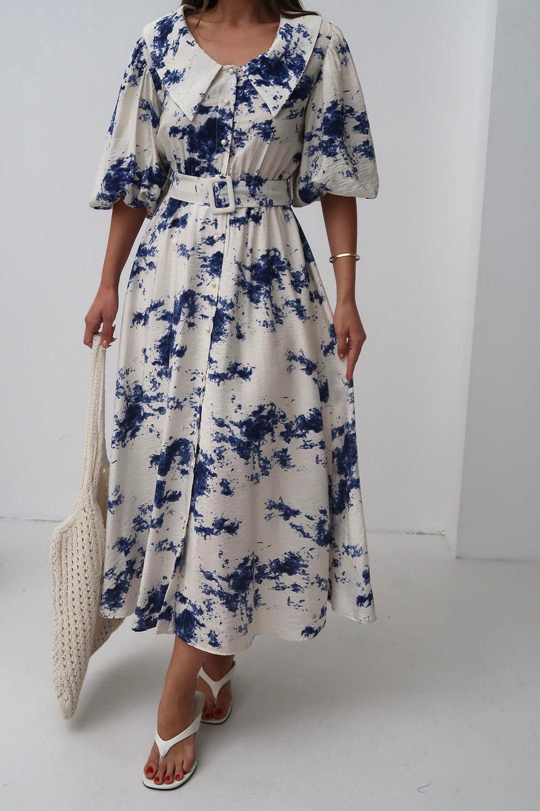 ELS Toptan Mavi Desenli Kemerli Elbise - Ciudad General Escobedo