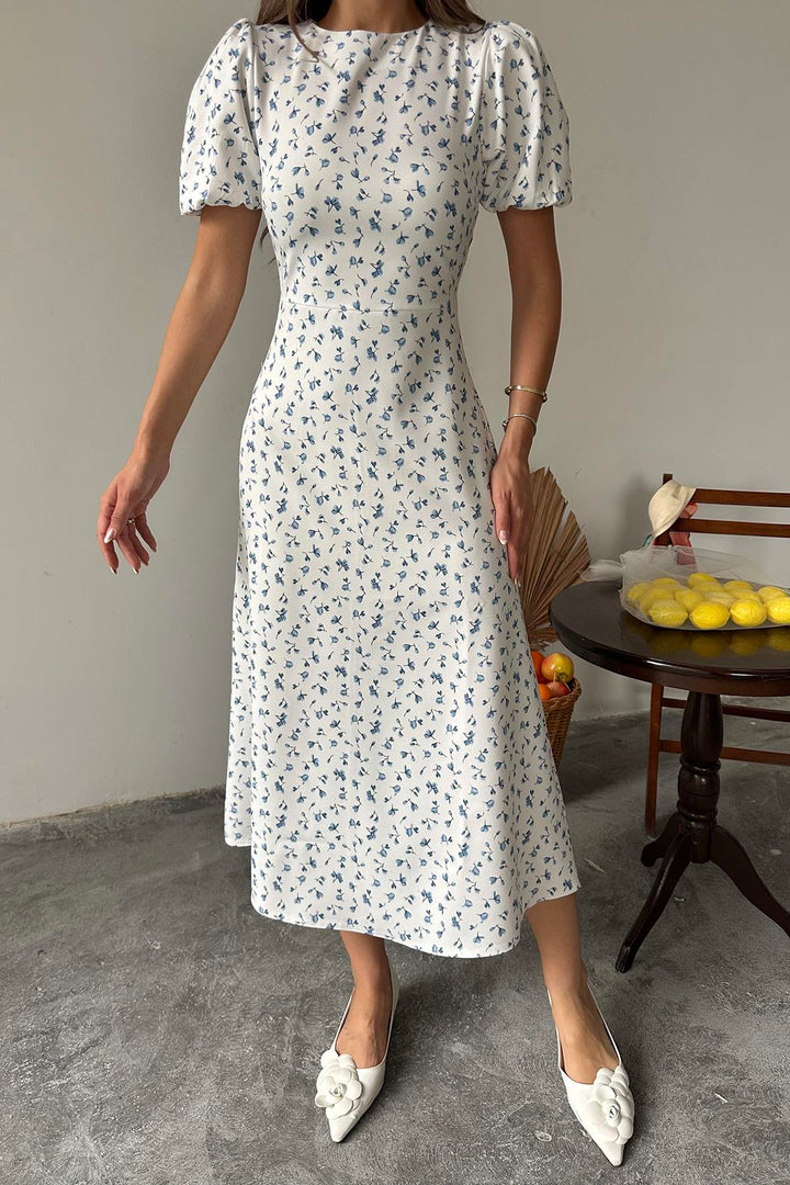 ELS Toptan Mavi Dijital Baskılı Atlas Elbise - Nova Kakhovka