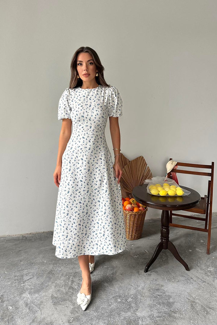 ELS Toptan Mavi Dijital Baskılı Atlas Elbise - Nova Kakhovka