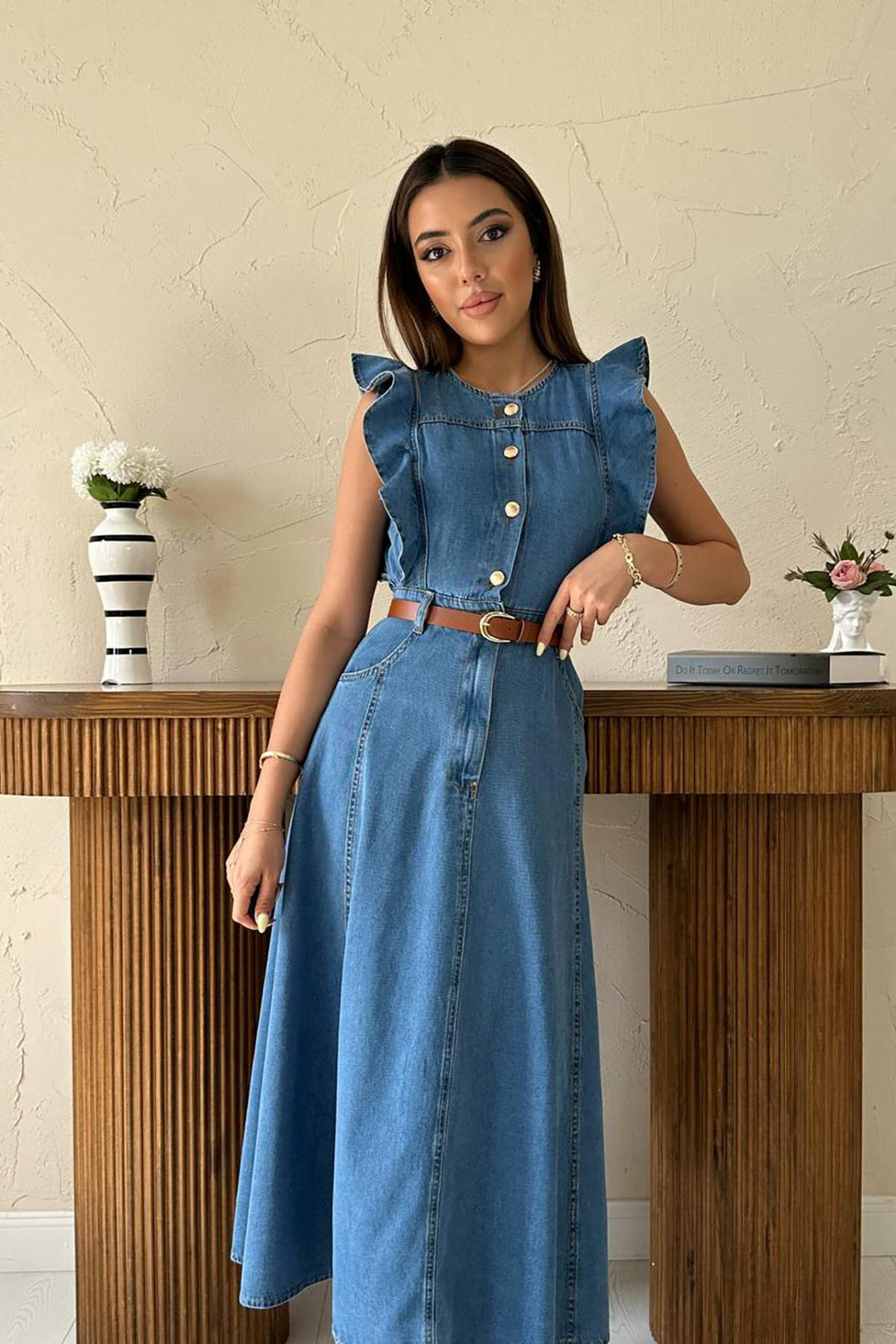 ELS Wholesale Blue Ruffled Denim Dress - Dover