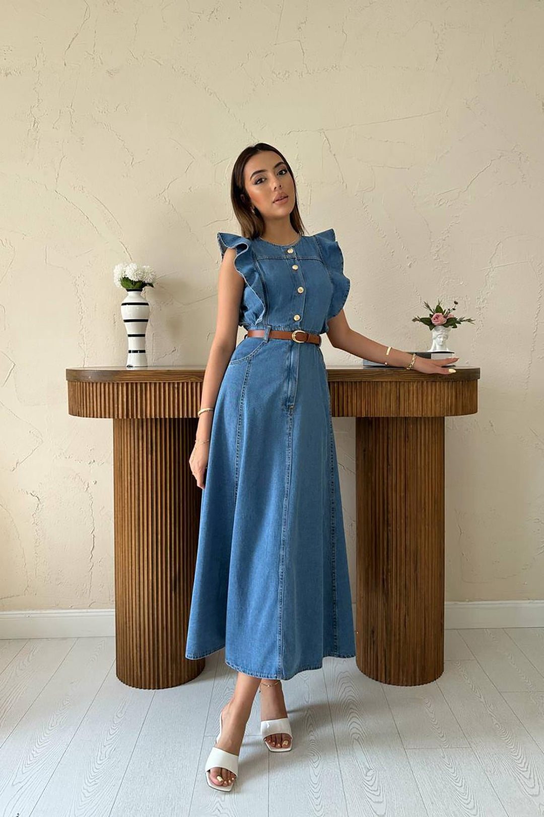 ELS Wholesale Blue Ruffled Denim Dress - Dover