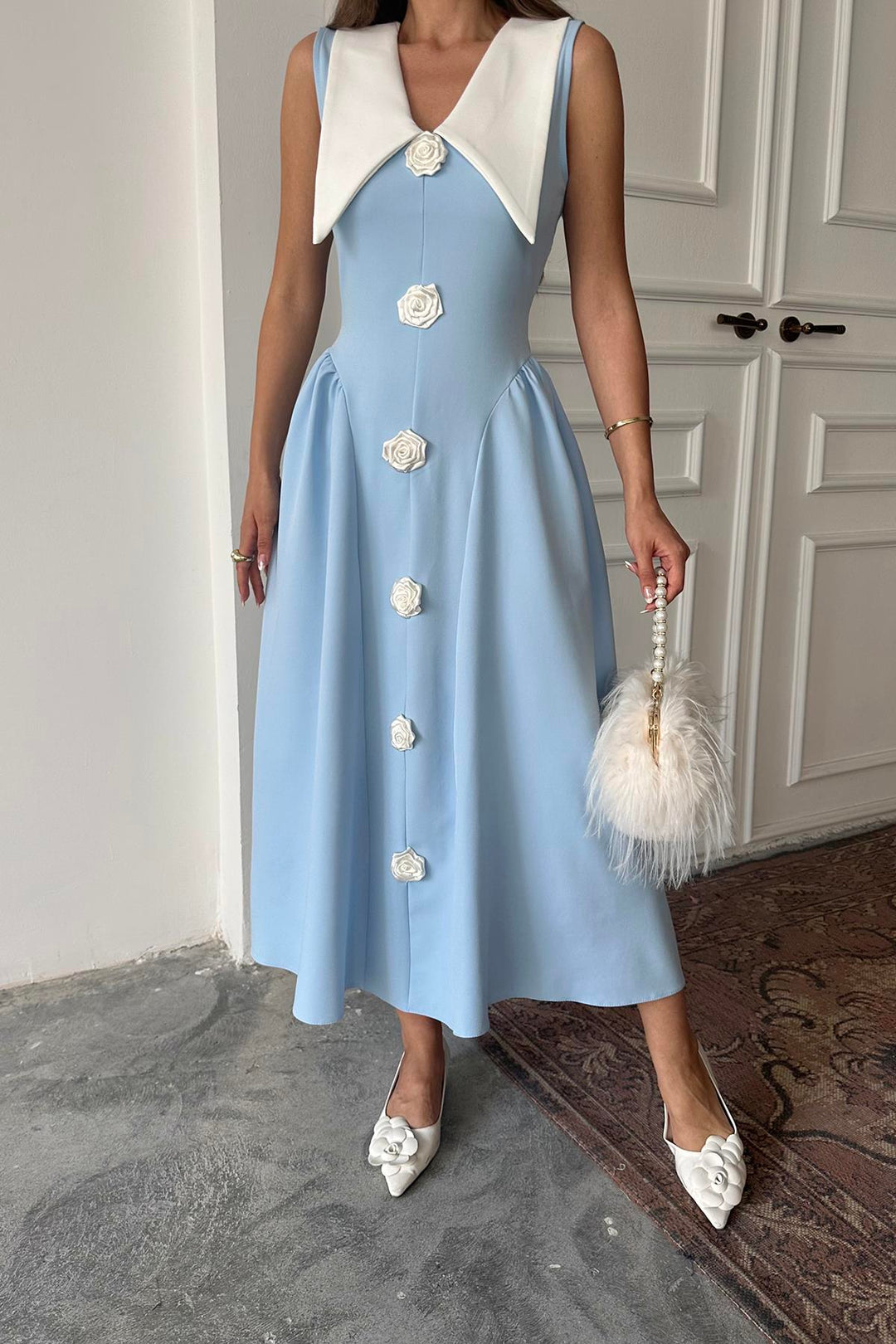 ELS Wholesale Blue Rose Detailed Satin Dress - Willich