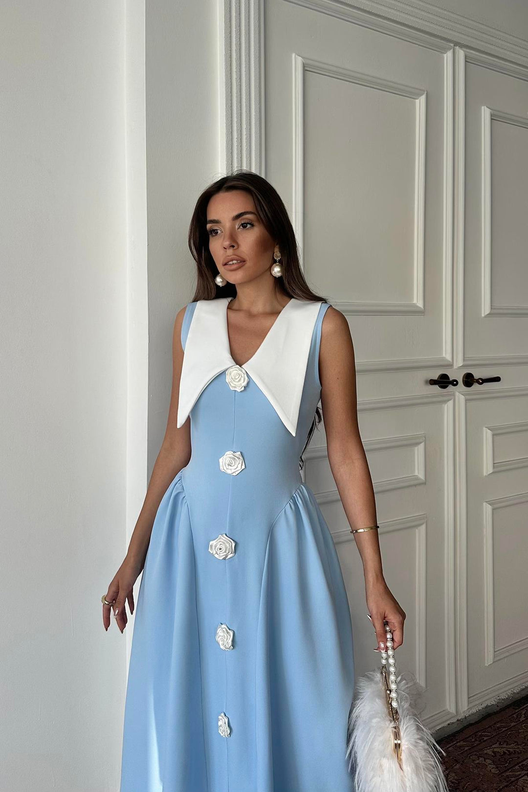 ELS Wholesale Blue Rose Detailed Satin Dress - Willich