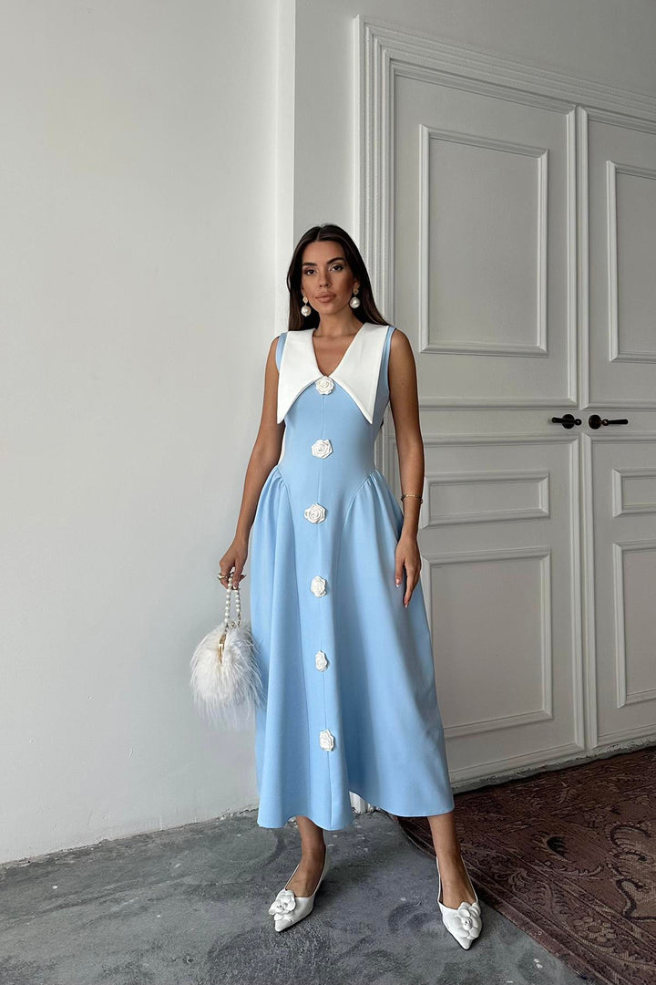 ELS Wholesale Blue Rose Detailed Satin Dress - Willich