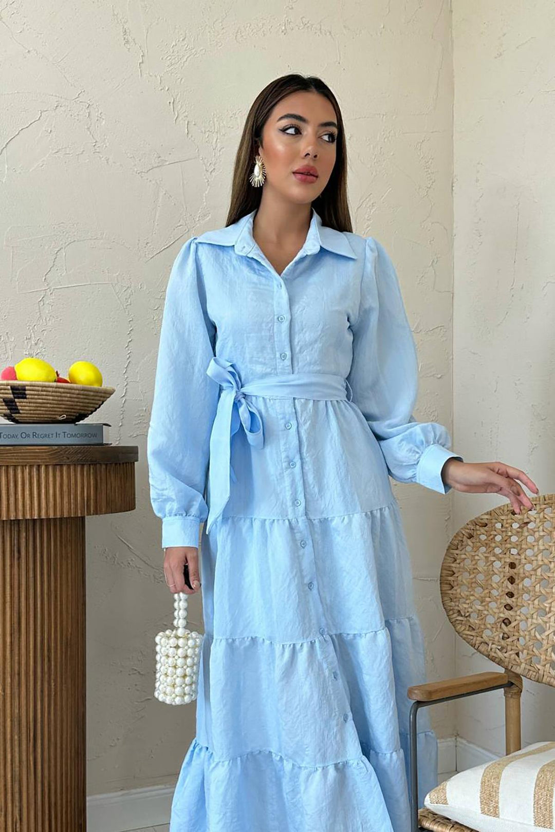 ELS Toptan Mavi Kuşaklı Çizgi Desenli Elbise - Mankato