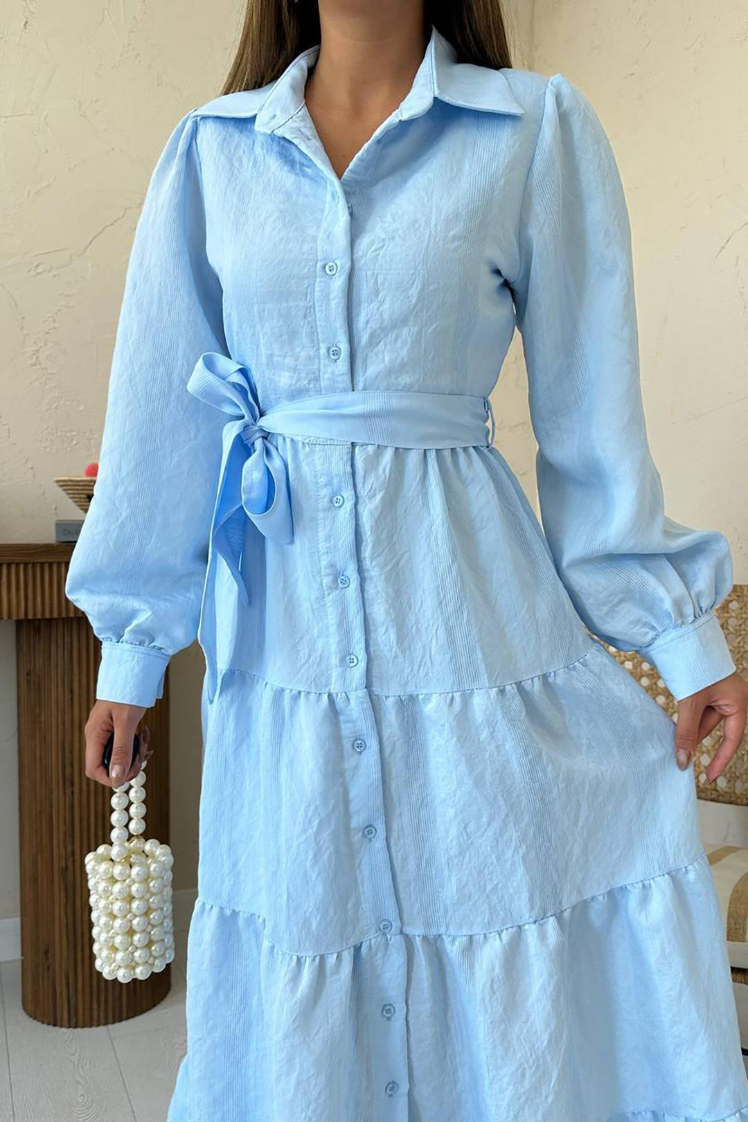 ELS Toptan Mavi Kuşaklı Çizgi Desenli Elbise - Mankato