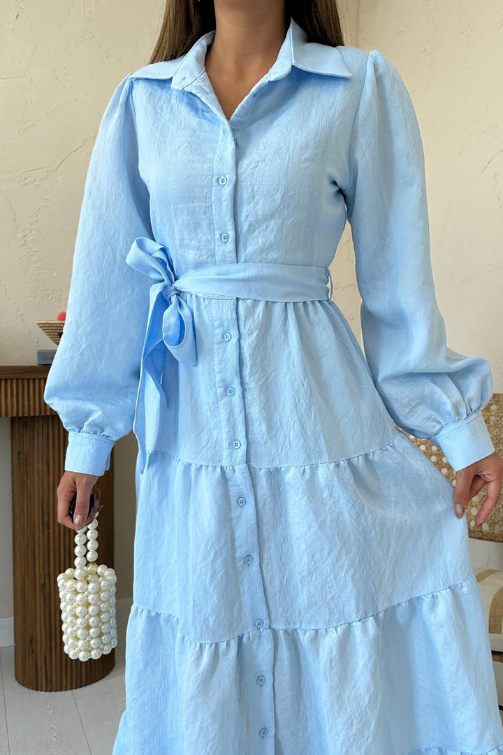 ELS Toptan Mavi Kuşaklı Çizgi Desenli Elbise - Mankato