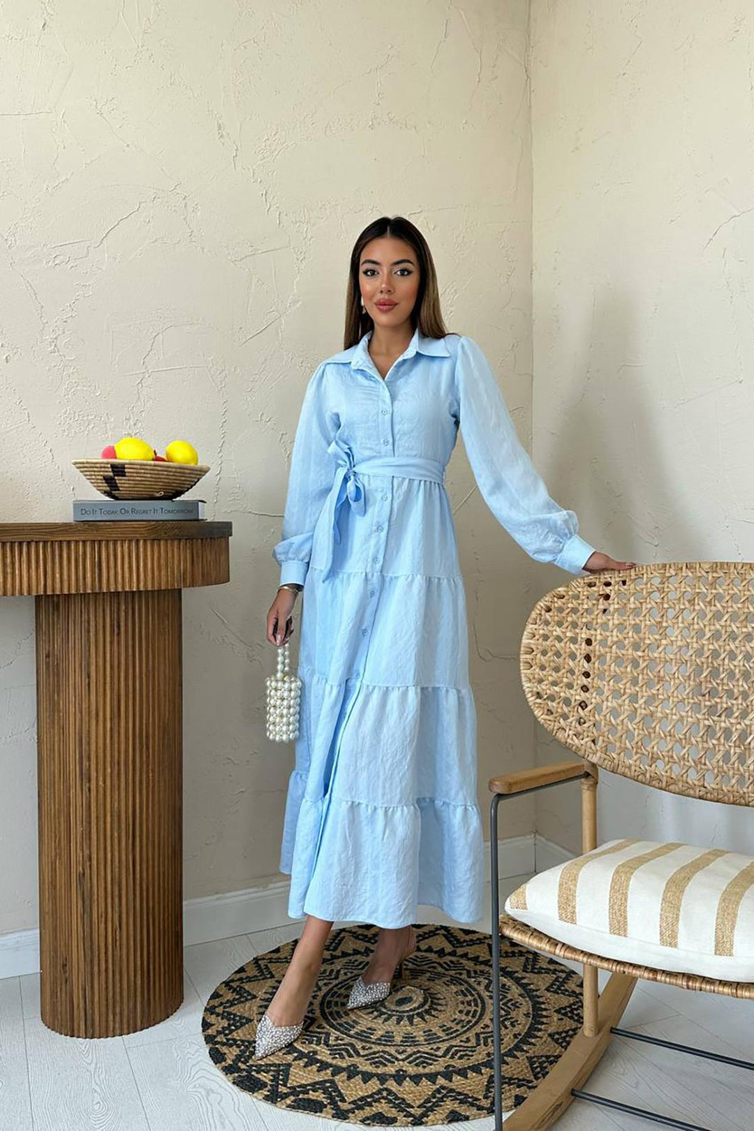 ELS Toptan Mavi Kuşaklı Çizgi Desenli Elbise - Mankato