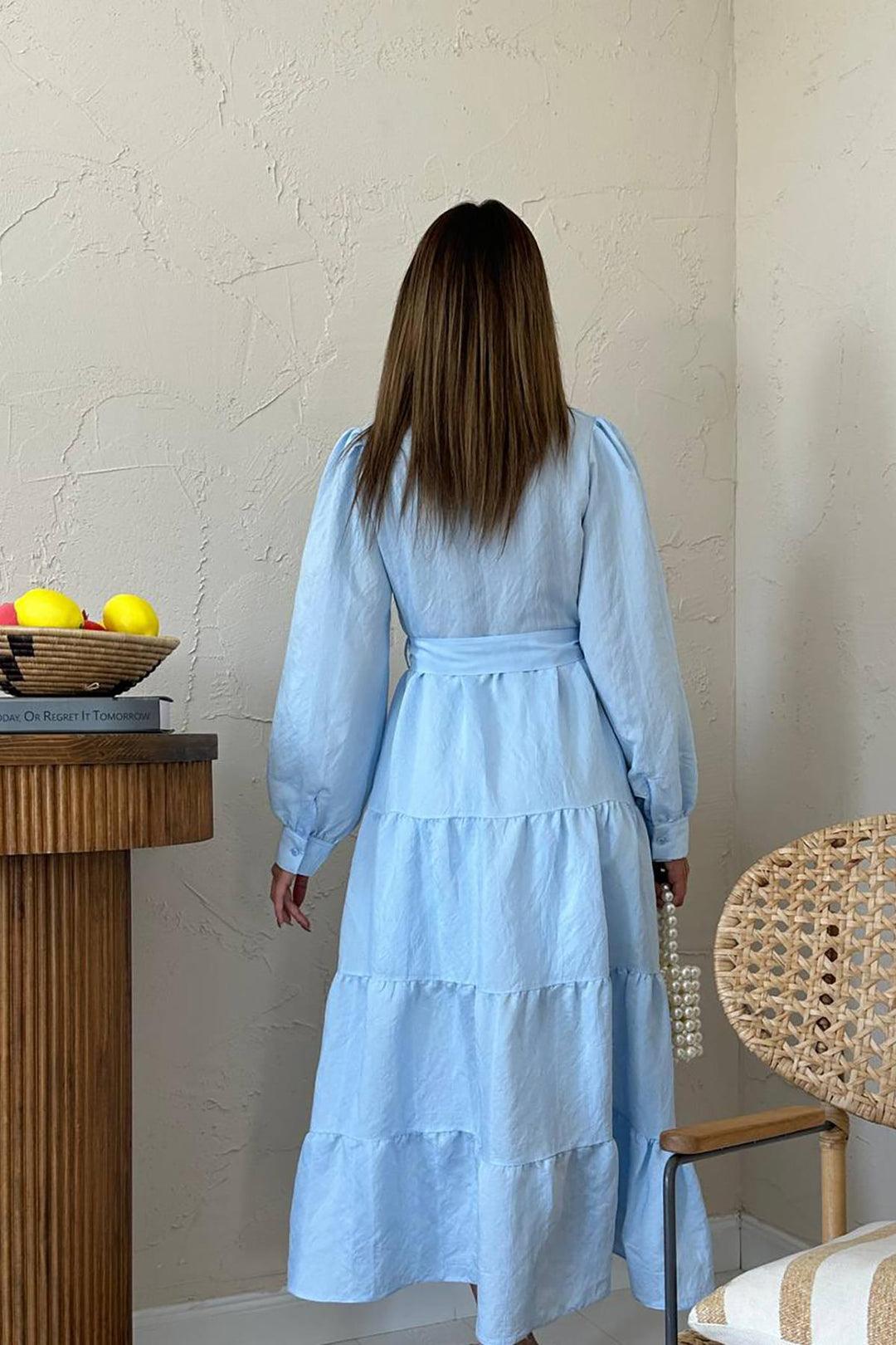 ELS Toptan Mavi Kuşaklı Çizgi Desenli Elbise - Mankato