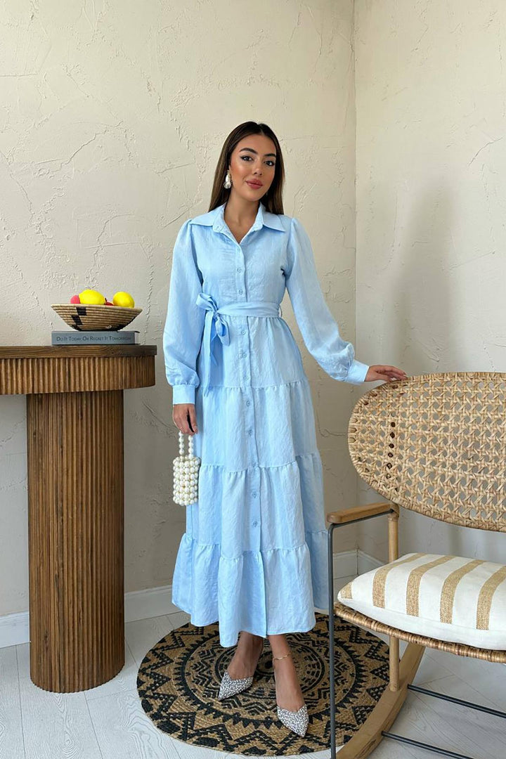 ELS Toptan Mavi Kuşaklı Çizgi Desenli Elbise - Mankato