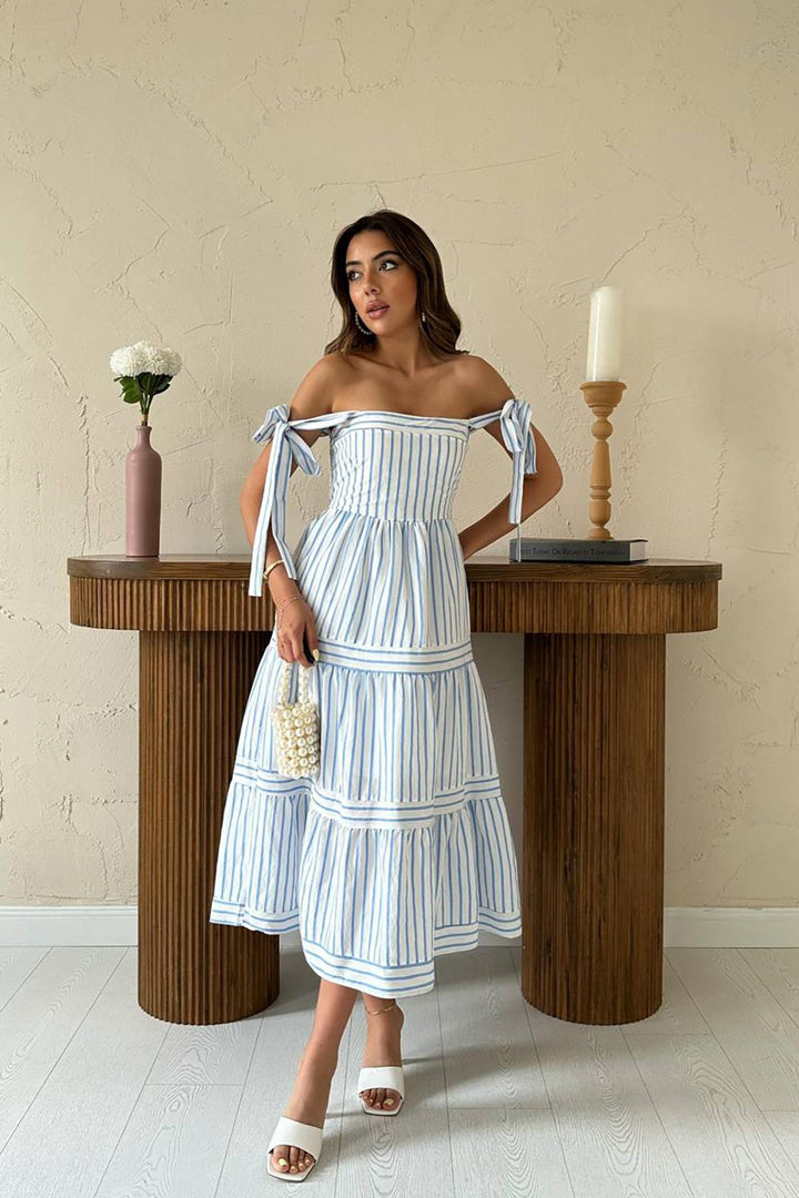 ELS Wholesale Blue Striped Dress with Shoulder Tie - Lincoln