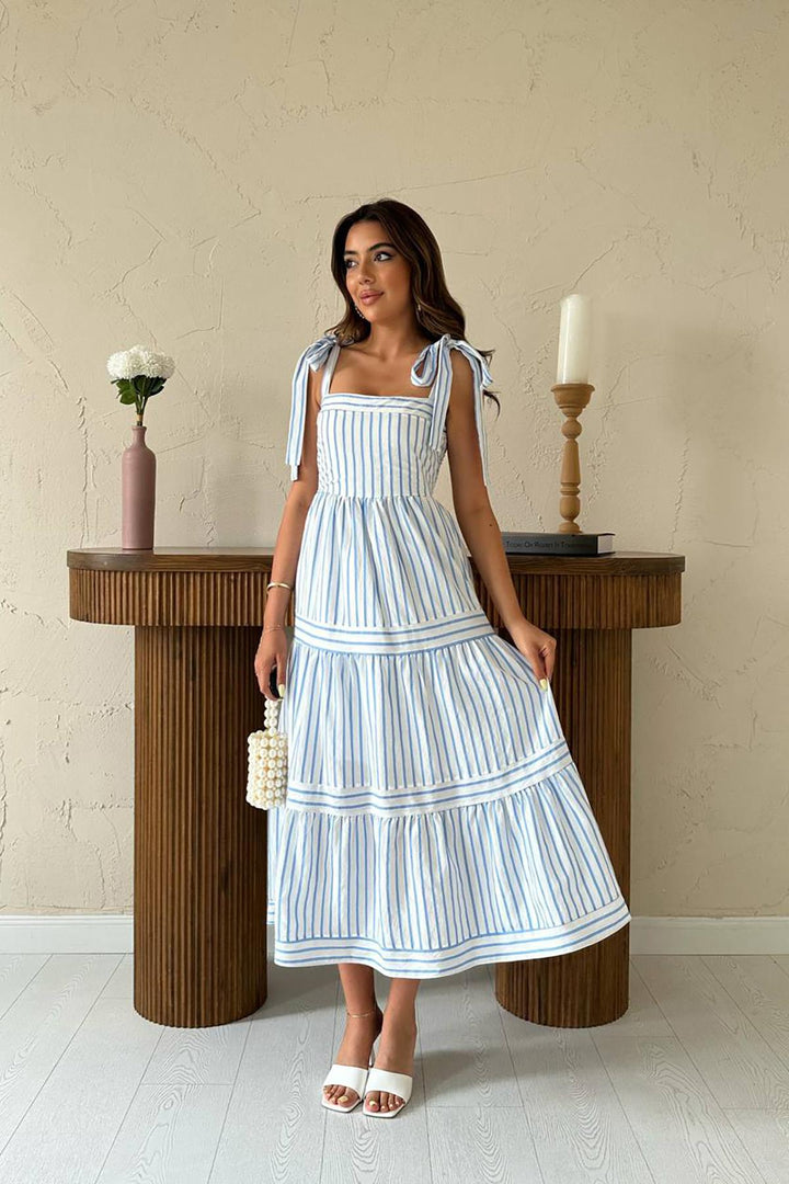ELS Wholesale Blue Striped Dress with Shoulder Tie - Lincoln