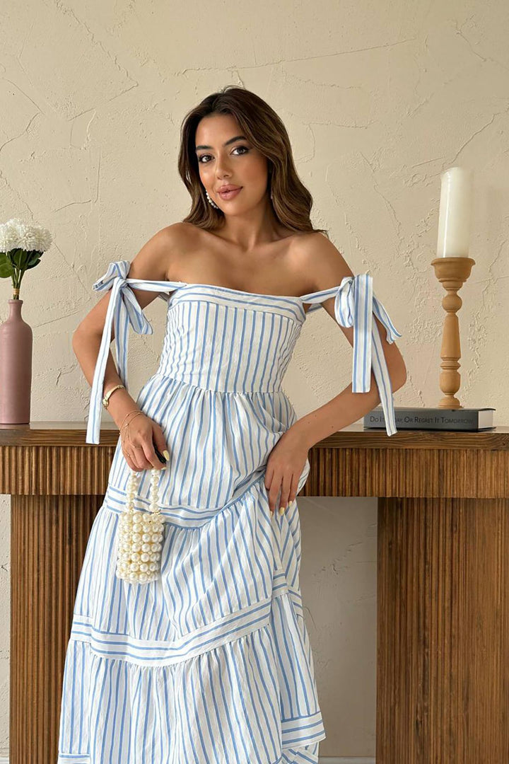 ELS Wholesale Blue Striped Dress with Shoulder Tie - Lincoln